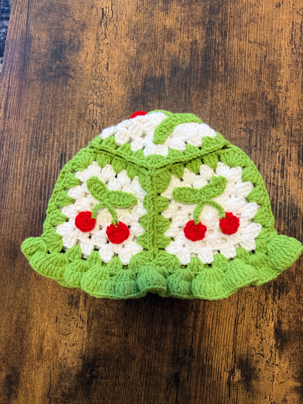 Handmade Green Cherry Crochet Bucket Hat